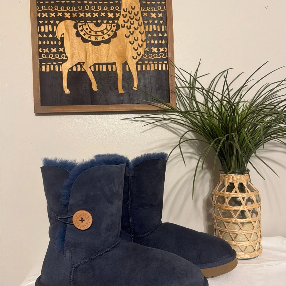 UGG Navy Suede Shearling Short Button Boots